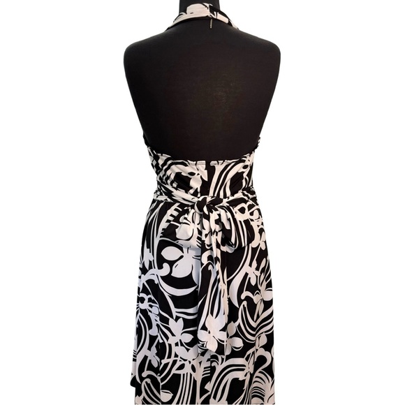 Roulette Halter Dress, Women Sz L, Black and White Floral Design, Stretch - Picture 4 of 15